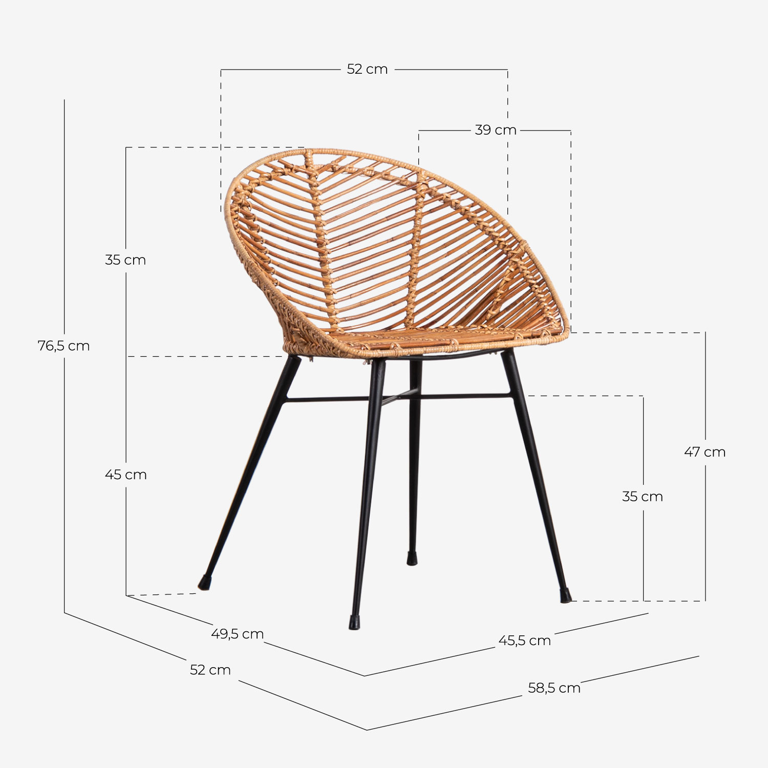 Sedia da Pranzo in Rattan Naturale Caleb, Misure