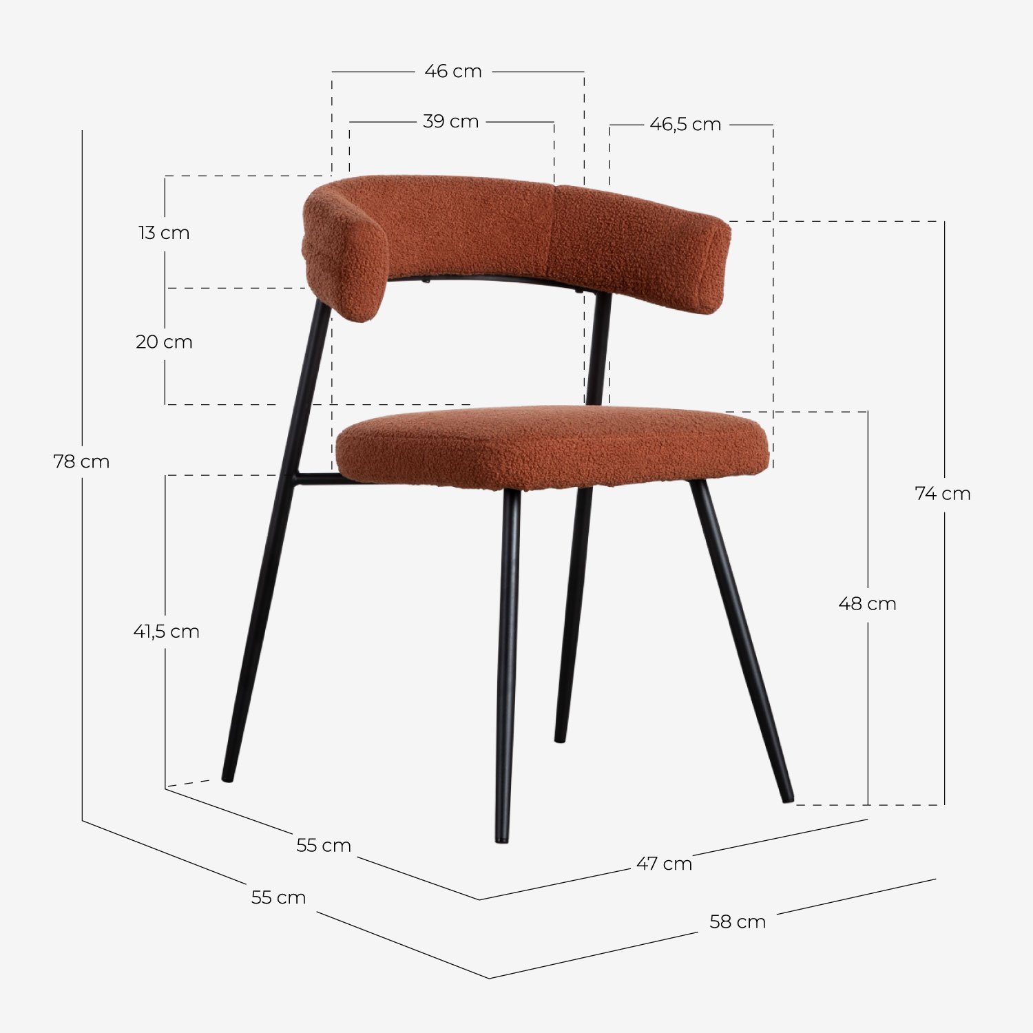 Pack di 4 Sedie da Pranzo in Metallo Eloise Bouclé, Misure