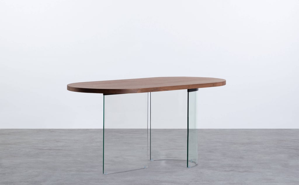 Tavolo da Pranzo Ovale in Legno e Vetro Curvato (160X80 cm) Flaias