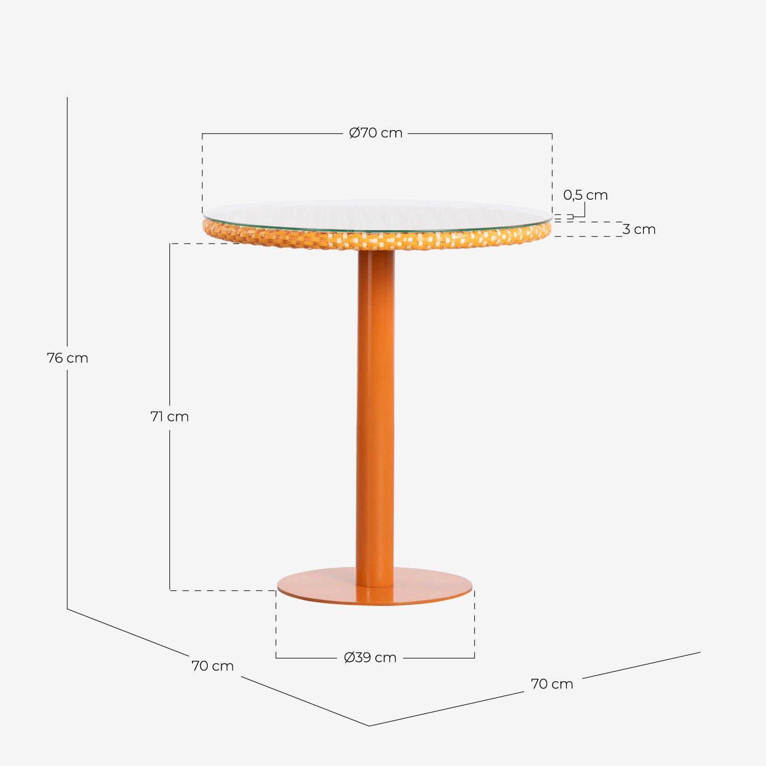 Tavolo da Esterno Rotondo in Alluminio e Vetro Temperato (Ø70 cm) Roys, Misure