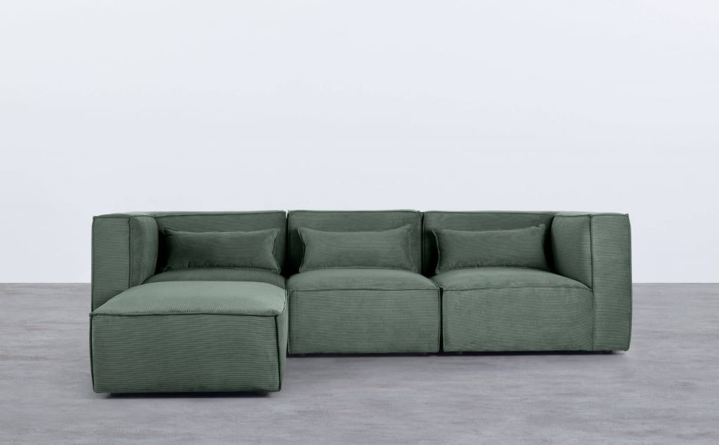 Divano Modulare 3 Pezzi con 2 Poltrone Angolari e Pouf in Velluto a Coste Kilhe