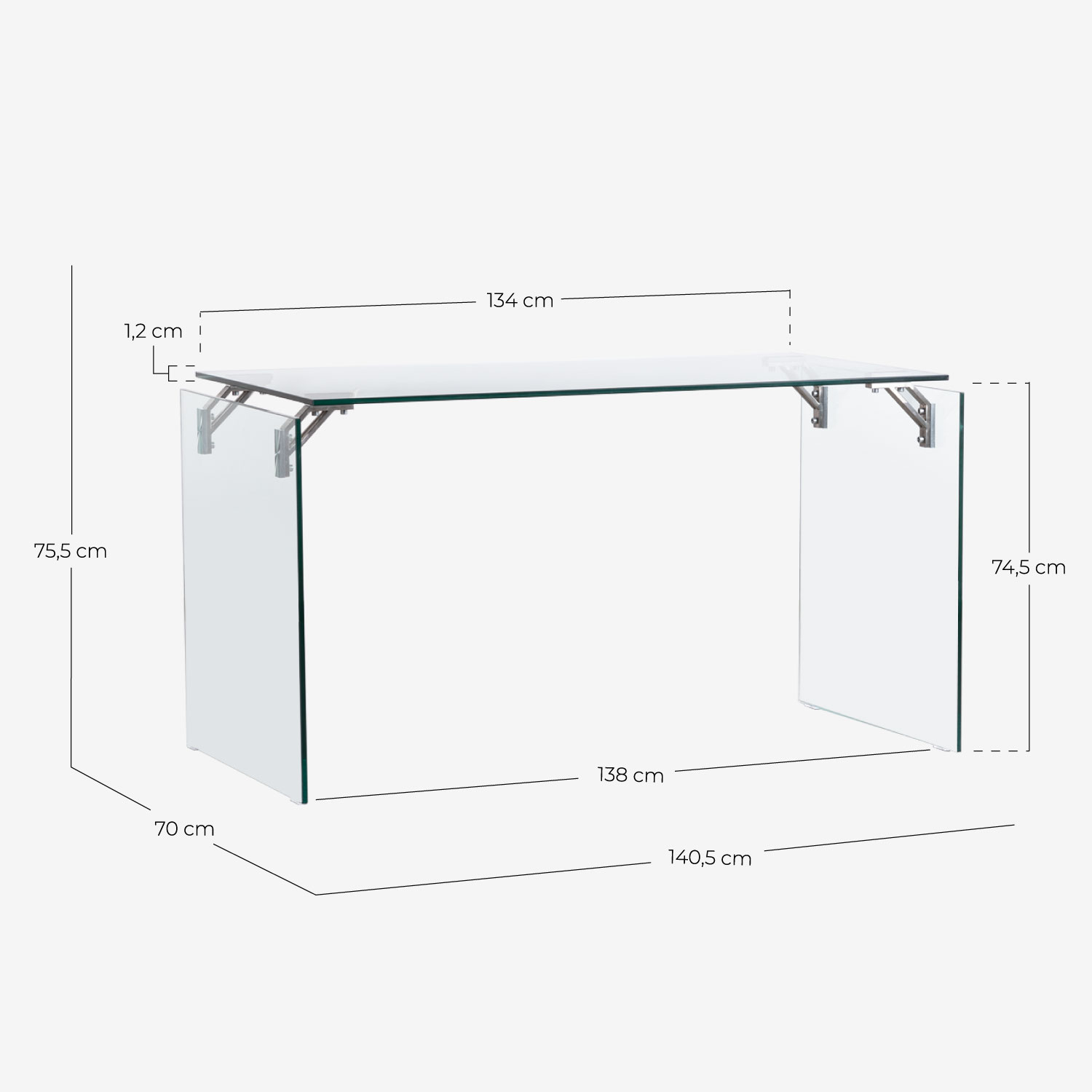 Scrivania in Vetro Temperato e Acciaio Inox (134x70 cm) Arey, Misure