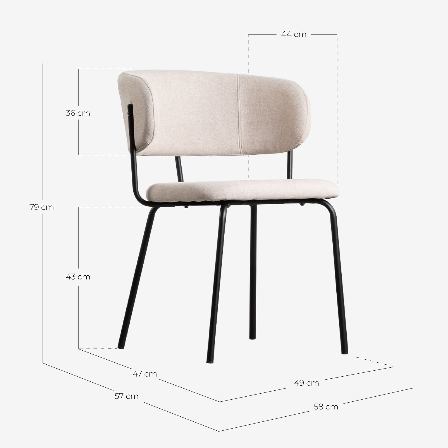 Set di tavolo da pranzo rotondo in vetro (Ø120 cm) Vuoto e 4 sedie in tessuto Bonse, Misure