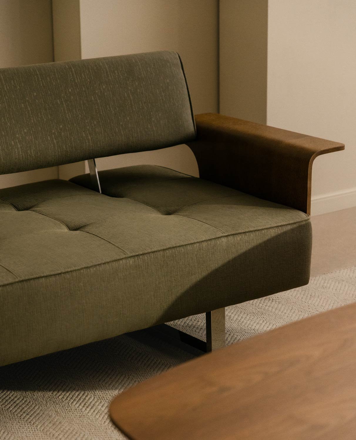 Divano Letto 3 Posti con Braccioli in Legno e Tessuto Nuovo 70S, immagine della galleria 3