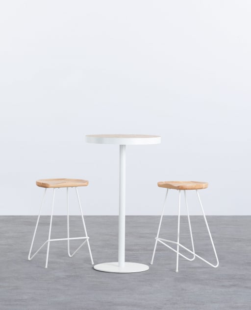 Set di Tavolo Alto Rotondo e 2 Sgabelli in Metallo e Legno Roses Zoar
