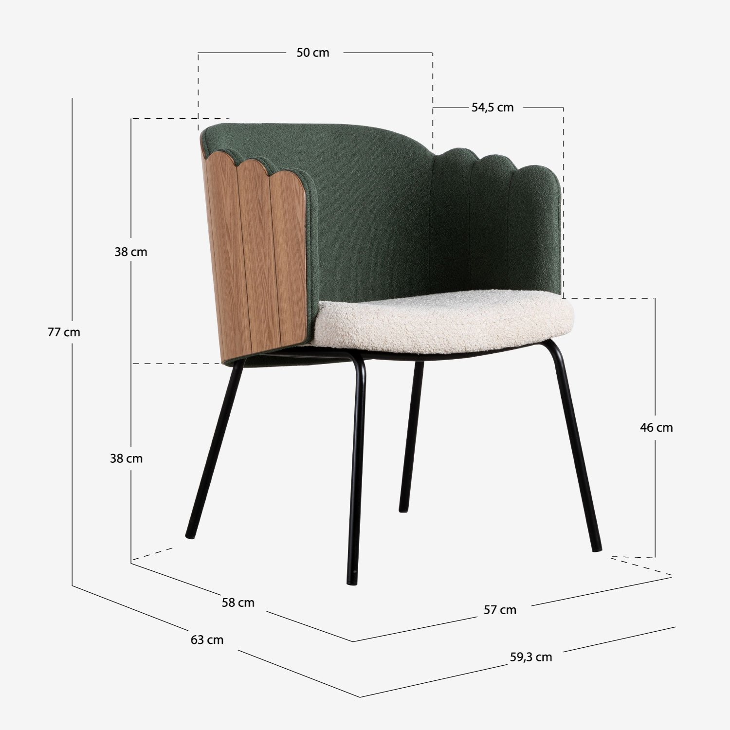 Set di Tavolo da Pranzo Rettangolare in Legno (220x100 cm) Flawas e 4 Sedie in Tessuto Rene, Misure