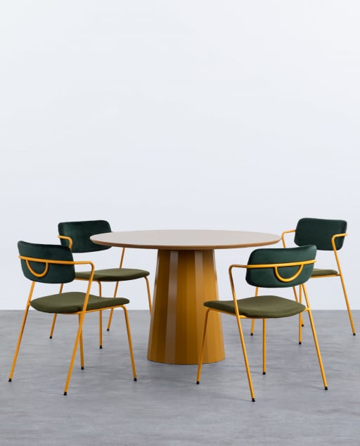 Set Tavolo da Pranzo Rotondo Irem (Ø120 cm) e 4 Sedie in Tessuto Irun - Verde Grove
