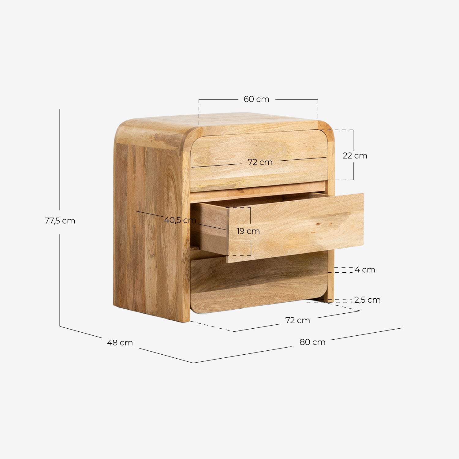 Cassettiera con 3 Cassetti 80x50 cm in Legno di Mango Vanile , Misure