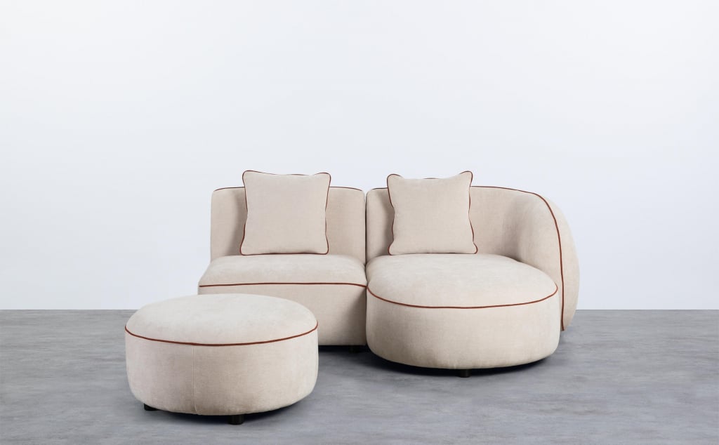Divano Chaise Longue Modulare in 2 Pezzi con Poltrona e Pouf Rotondo in Tessuto Ilham 