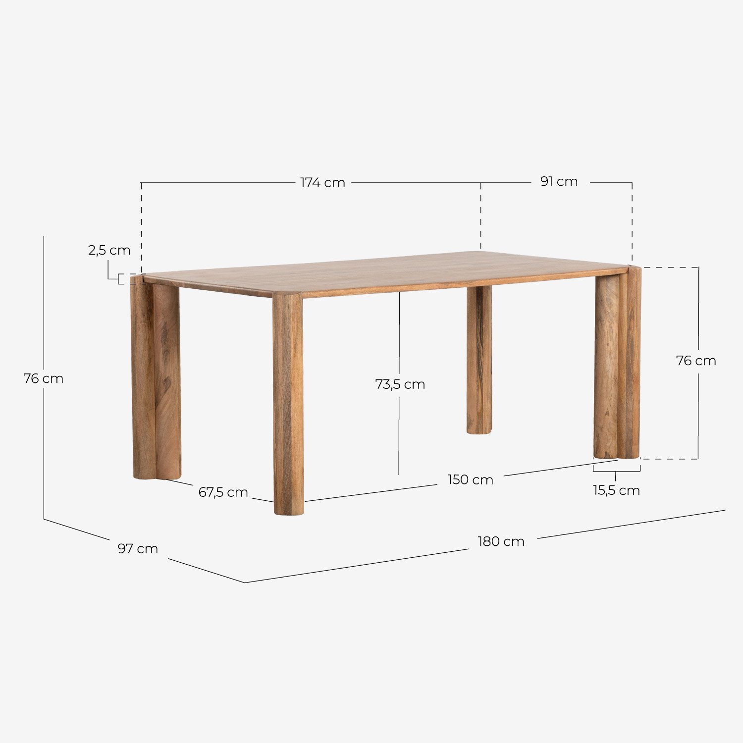Tavolo da Pranzo Rettangolare con Piano in Legno di Mango (174x91 cm) Ethel, Misure