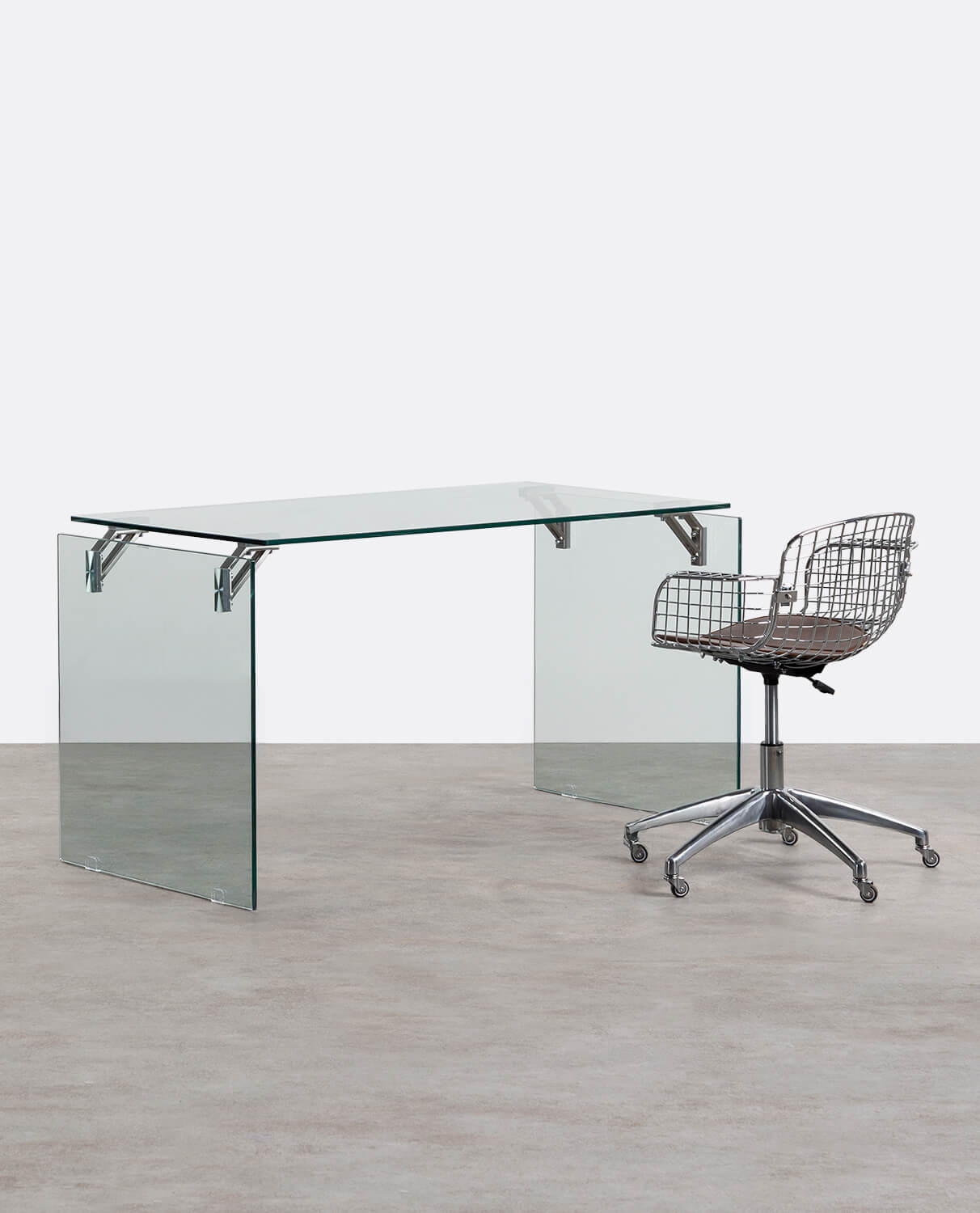 Set di Scrivania in Vetro Temperato Arey e Sedia Vintage con Schienale Basso Aras, immagine della galleria 1