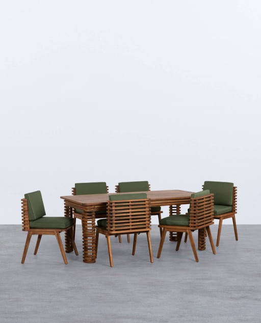 Set di Tavolo Rettangolare e 6 Sedie in Legno di Acacia e Tessuto per Esterni Hazan