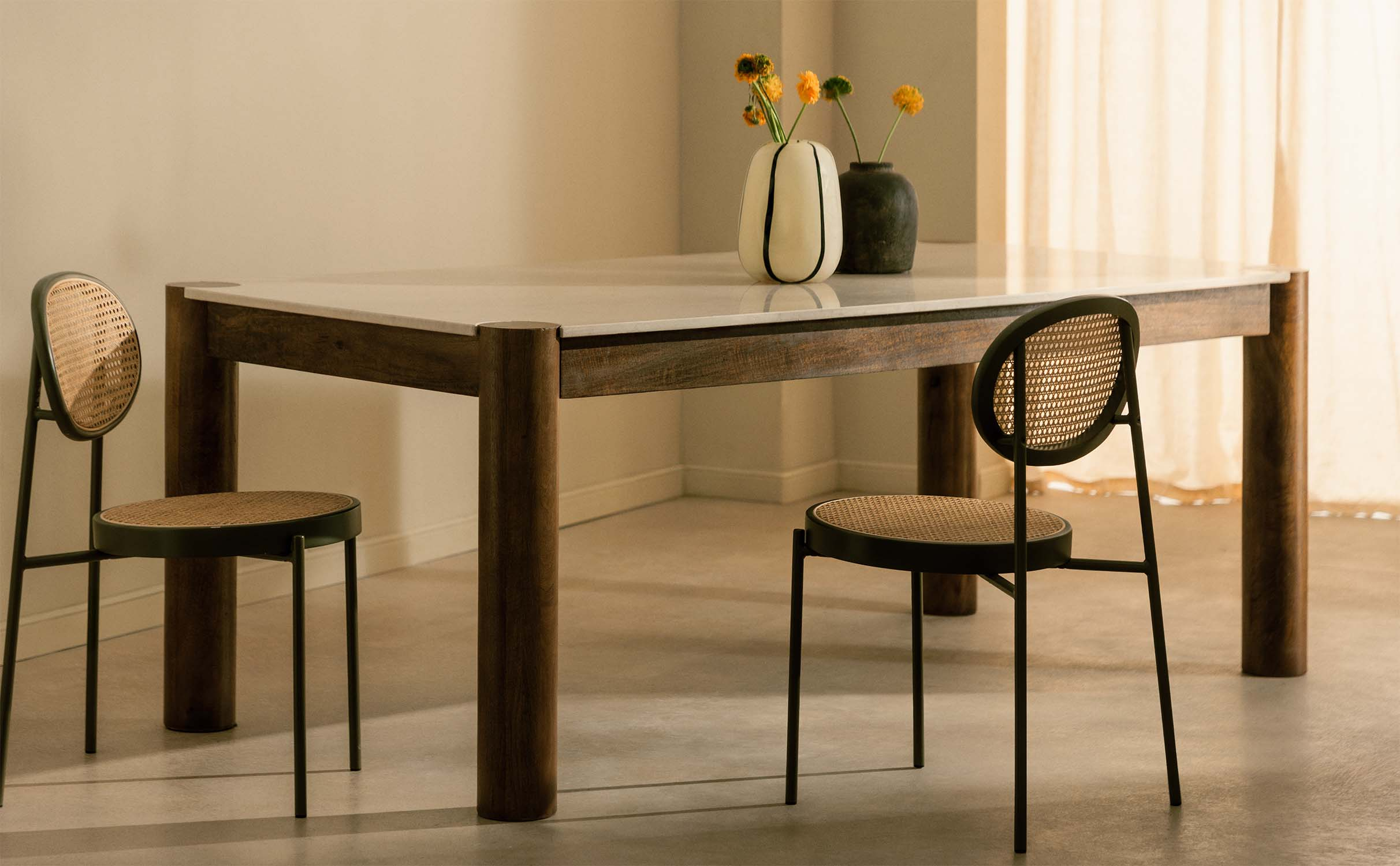 Tavolo da Pranzo Rettangolare in Marmo Botticino e Legno di Mango (200x100 cm) Dublin, immagine della galleria 1