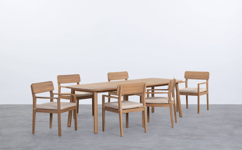 Tavolo da Giardino Rettangolare (240x100 cm) in Legno di Acacia e 6 Sedie con Braccioli Marla