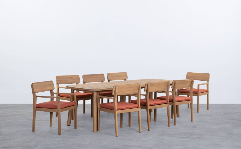 Set di Tavolo da Giardino Rettangolare (240x100 cm) e 8 Poltrone con Braccioli in Legno d'Acacia Marla