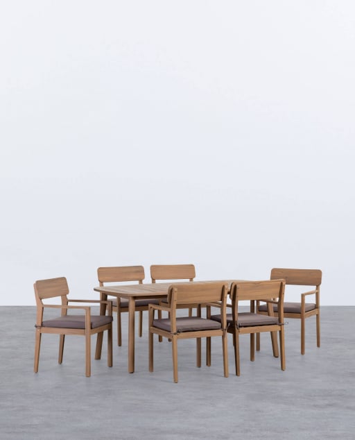 Set Tavolo Rettangolare (180x100 cm) e 6 Sedie in Legno di Acacia con Braccioli da Esterno Marla