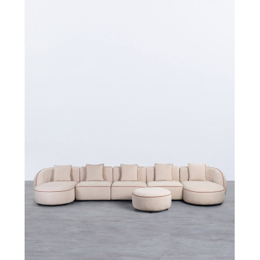 Divano Modulare in 5 Pezzi con 2 Chaise Longue e Pouf Rotondo in Tessuto Ilham Beige Seashell - The Masie