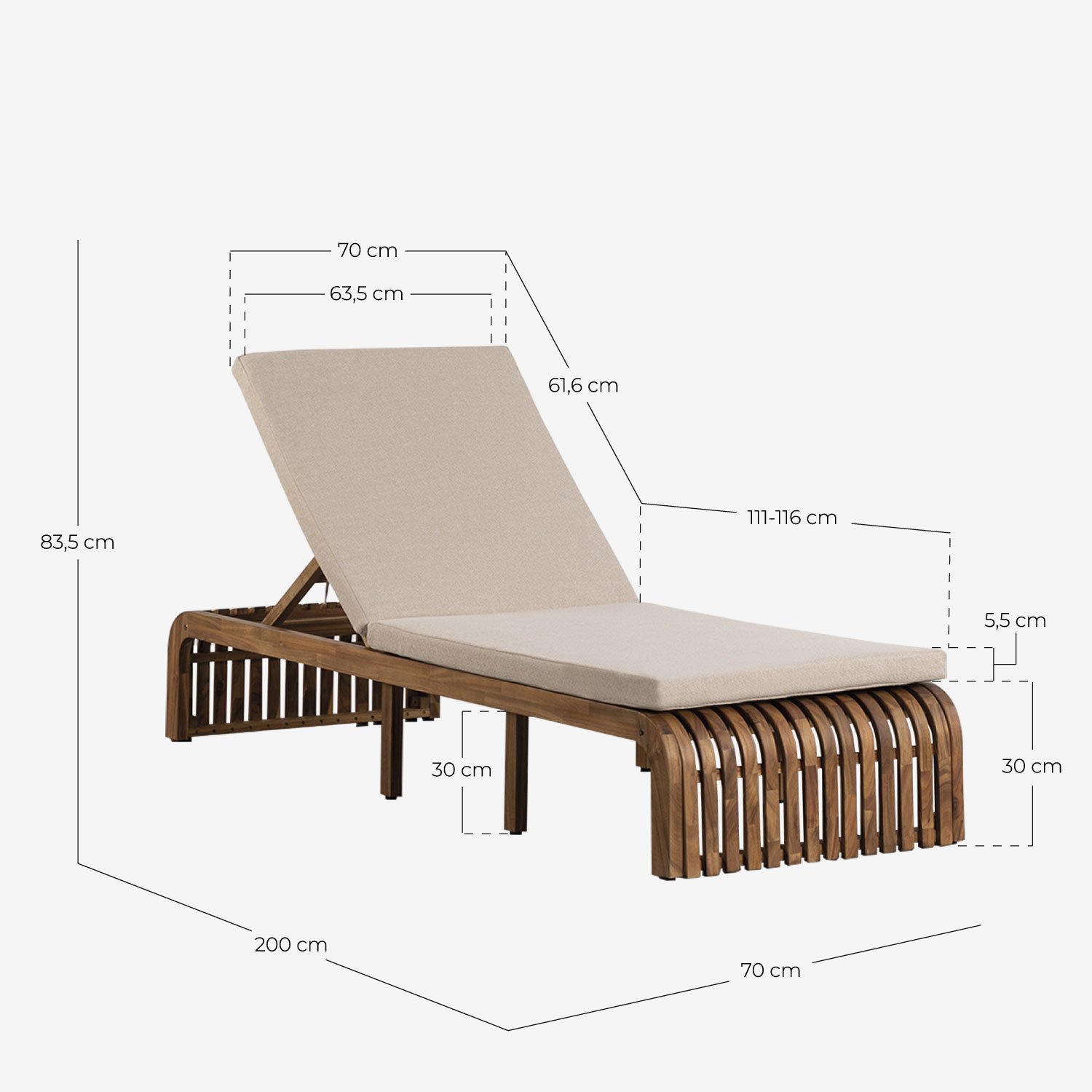 Set di 2 Lettini Prendisole e Tavolino in Legno di Acacia (45x45 cm) Hazan, Misure