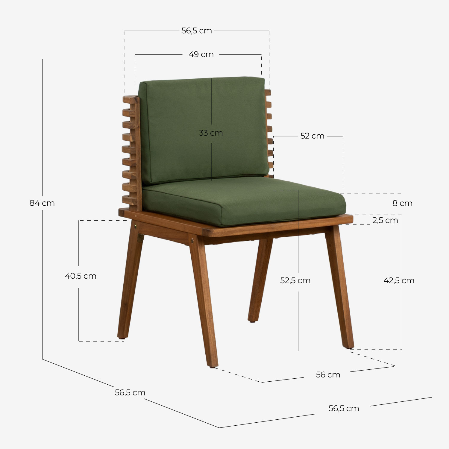 Set di Tavolo Rettangolare (180x90 cm) e 6 Sedie in Legno di Acacia e Tessuto per Esterni Hazan, Misure