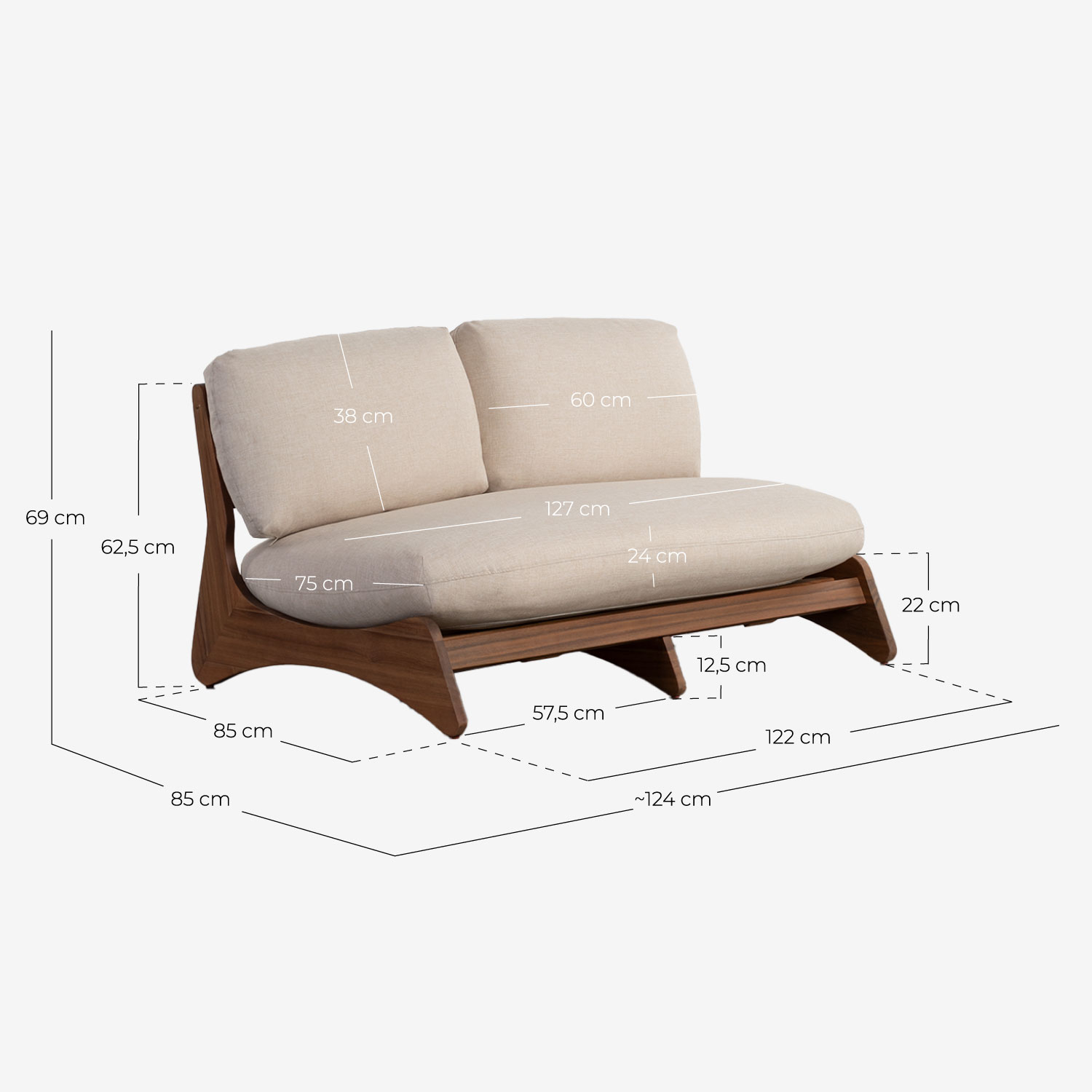 Set da Giardino con Divano a 2 Posti, 2 Poltrone e Tavolino in Legno di Acacia e Tessuto Lorent, Misure