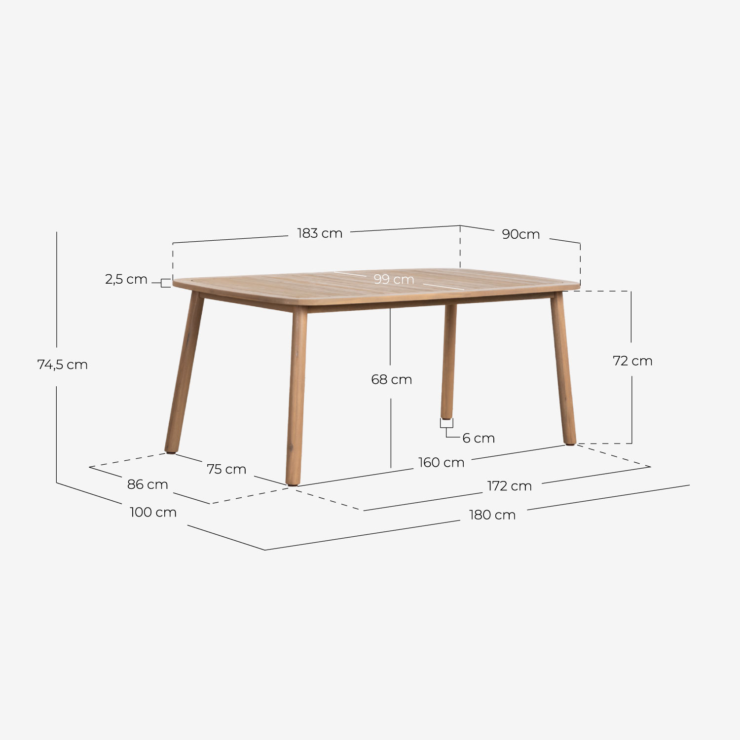 Set Tavolo Rettangolare (180x100 cm) in Legno di Acacia e 4 Sedie con Braccioli da Esterno Mirla, Misure