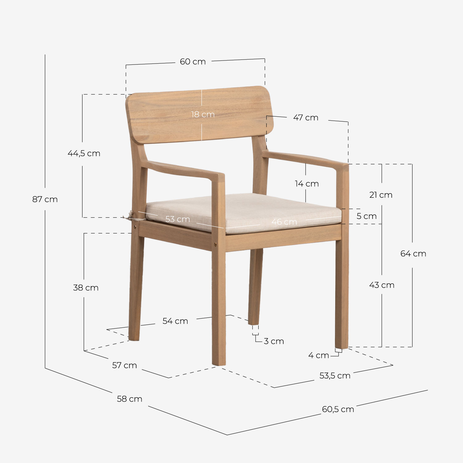 Set Tavolo Rettangolare (180x100 cm) in Legno di Acacia e 4 Sedie con Braccioli da Esterno Mirla, Misure