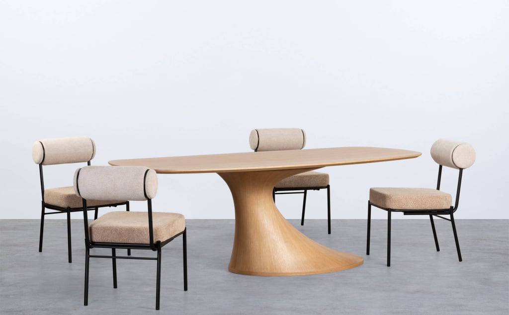 Set Tavolo da Pranzo Rettangolare in Legno Flawas e 4 Sedie in Tessuto Elin