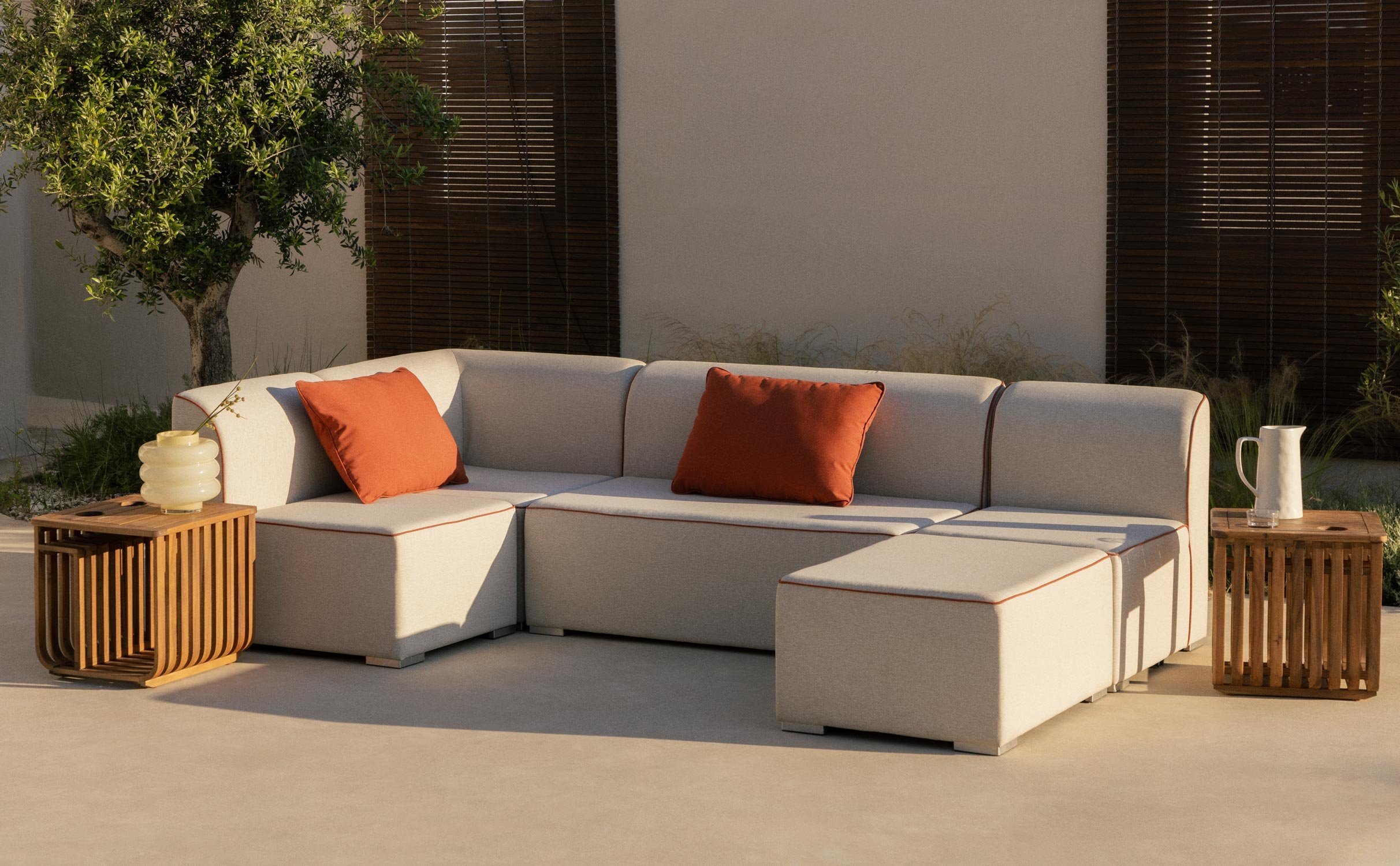 Divano da Giardino Angolare Modulare a 4 pezzi con Divano a 2 Posti e 2 Poltrone con Pouf in Tessuto Lagos, immagine della galleria 1