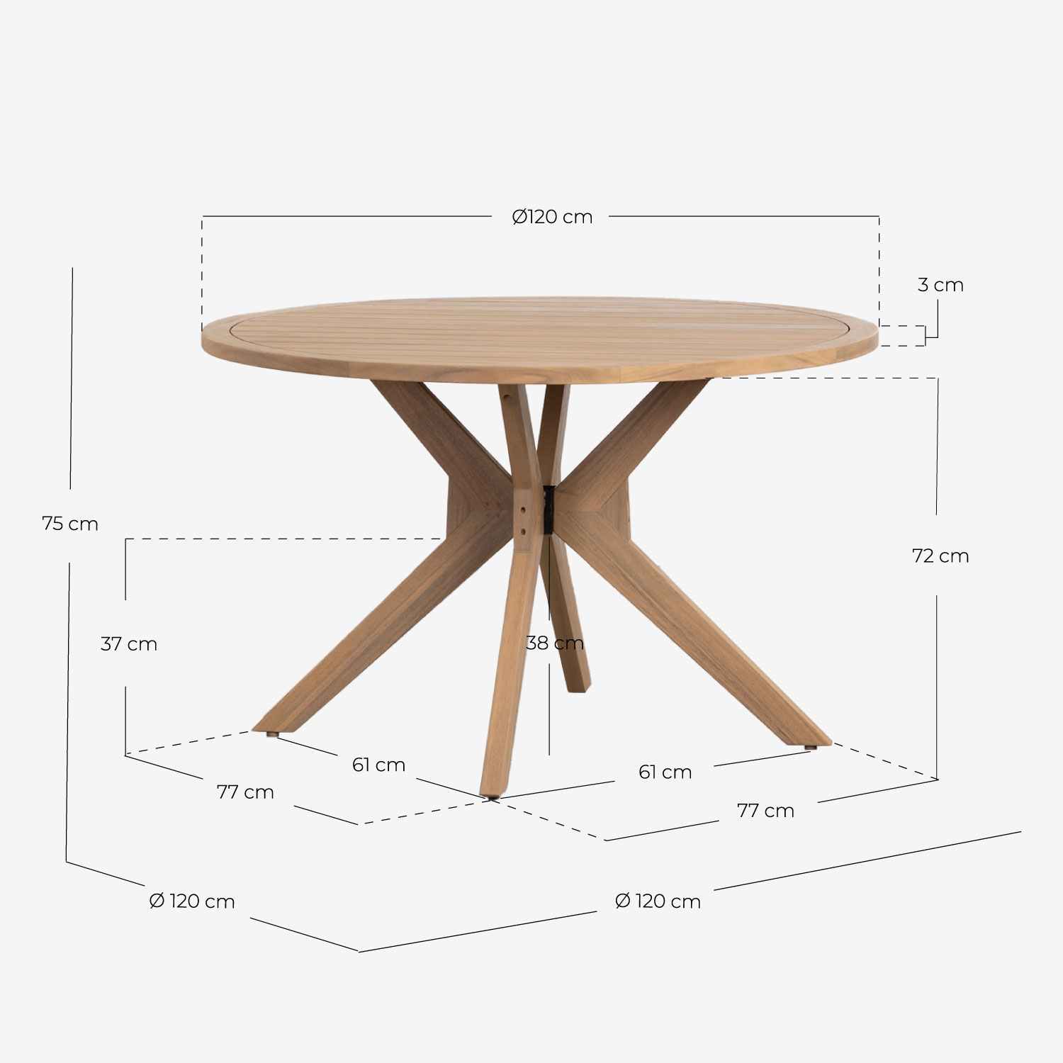 Set Tavolo Rotondo (Ø120 cm) in Legno di Acacia e 4 Sedie da Esterno Mirla, Misure