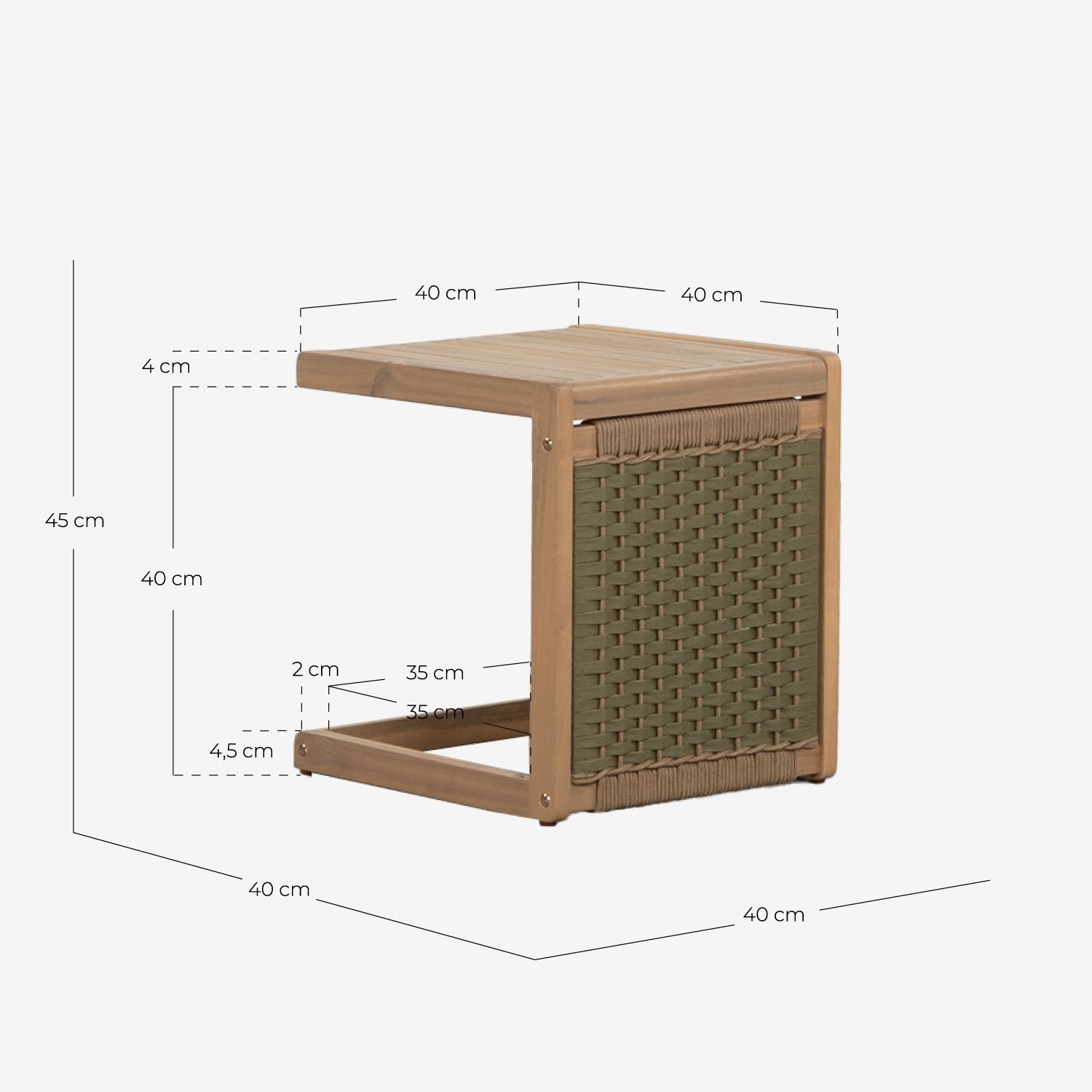 Set di Chaise Longue e Tavolino in Legno di Acacia e Corda (40x40 cm) Mirle, Misure