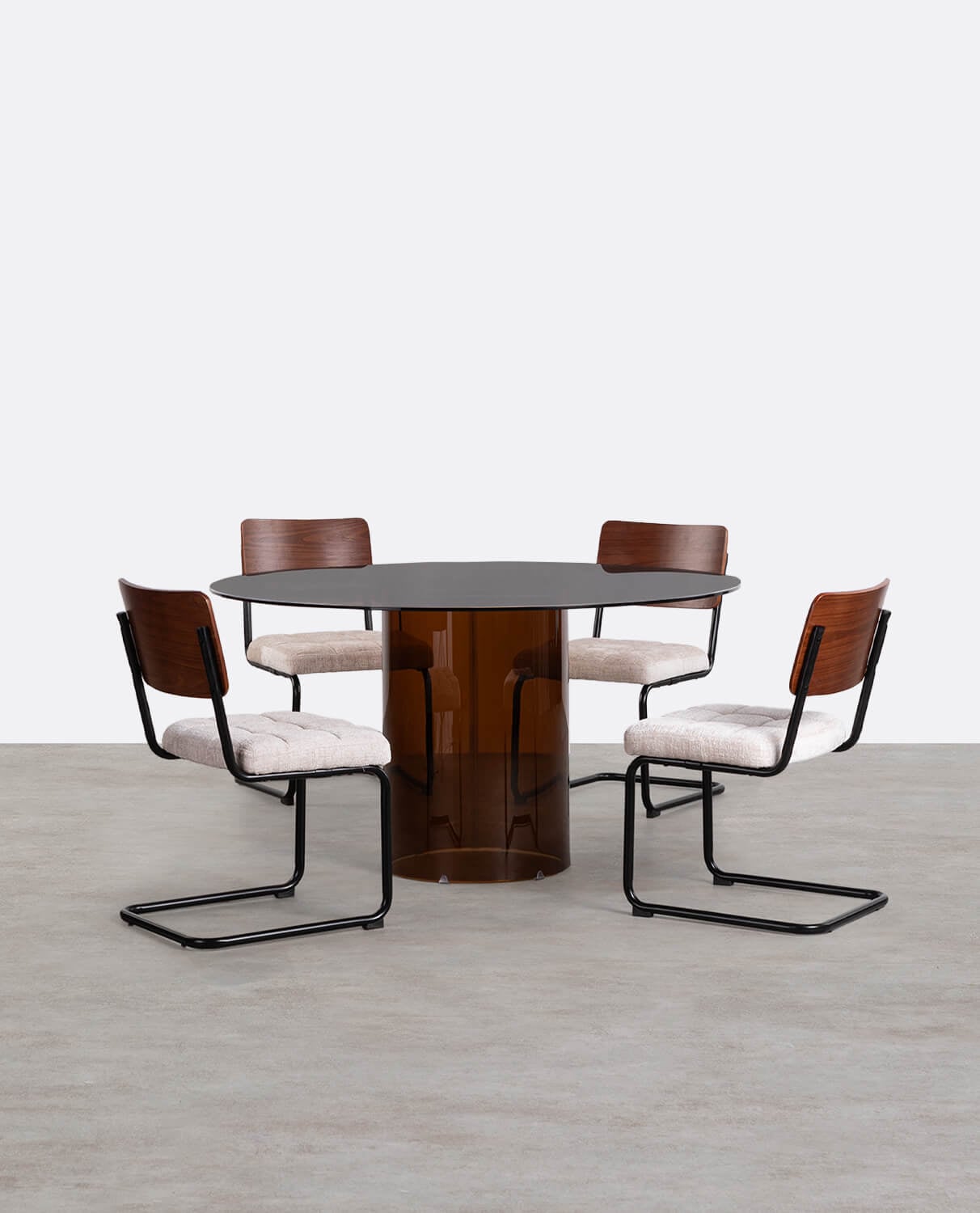 Set Di Tavolo Da Pranzo Rotondo In Legno  120 Cm  Era E 4 Sedie In Tessuto Rene