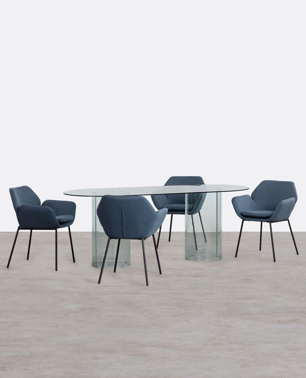 Set di Tavolo da Pranzo Kolu in Vetro Temperato Ovale e 4 Poltrone in Tessuto con Braccioli Eider, immagine della galleria 1