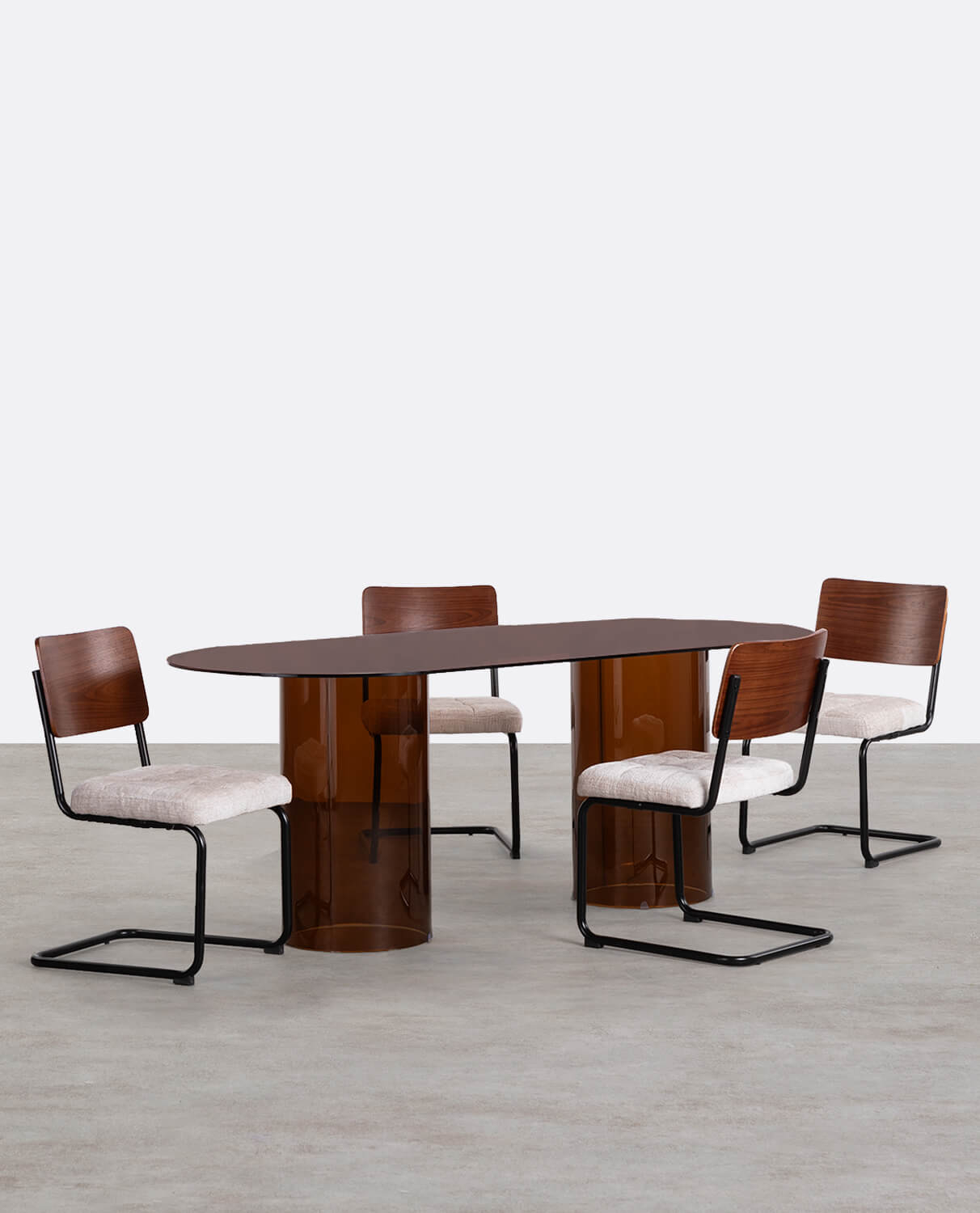 Set di Tavolo da Pranzo Ovale in Vetro Temperato Kolu e 4 Sedie in Legno e Tessuto Cuba , immagine della galleria 1
