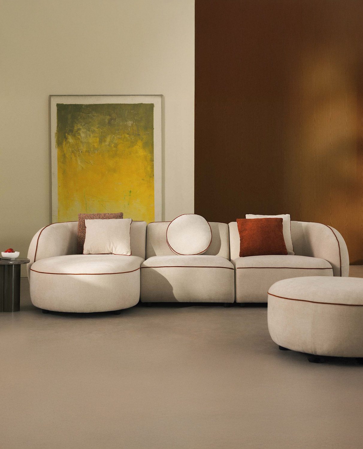 Divano Chaise Longue Modulare in 3 Pezzi con Pouf Angolare e Rotondo in Tessuto Ilham , immagine della galleria 2
