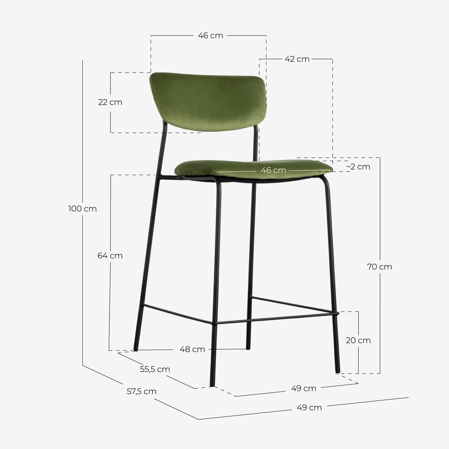 Sgabello alto Morgan in metallo e velluto (70 cm), Misure