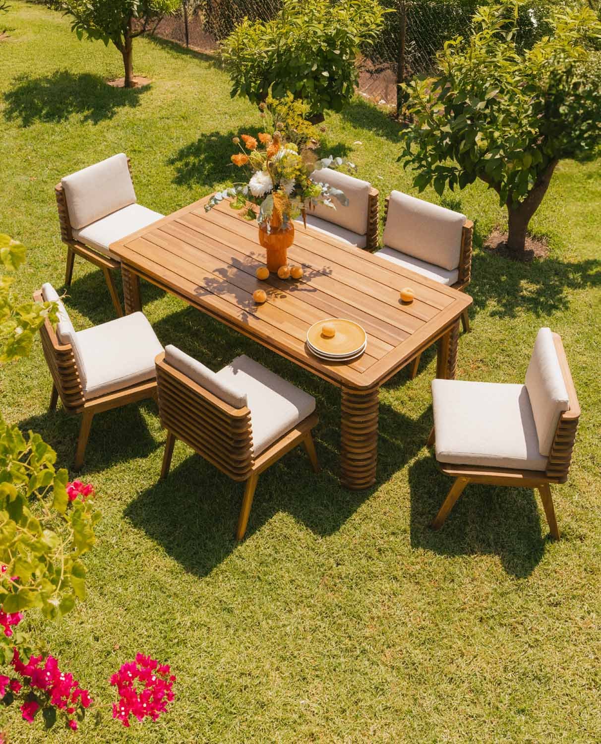 Set di Tavolo Rettangolare e 6 Sedie in Legno di Acacia e Tessuto per Esterni Hazan, immagine della galleria 2
