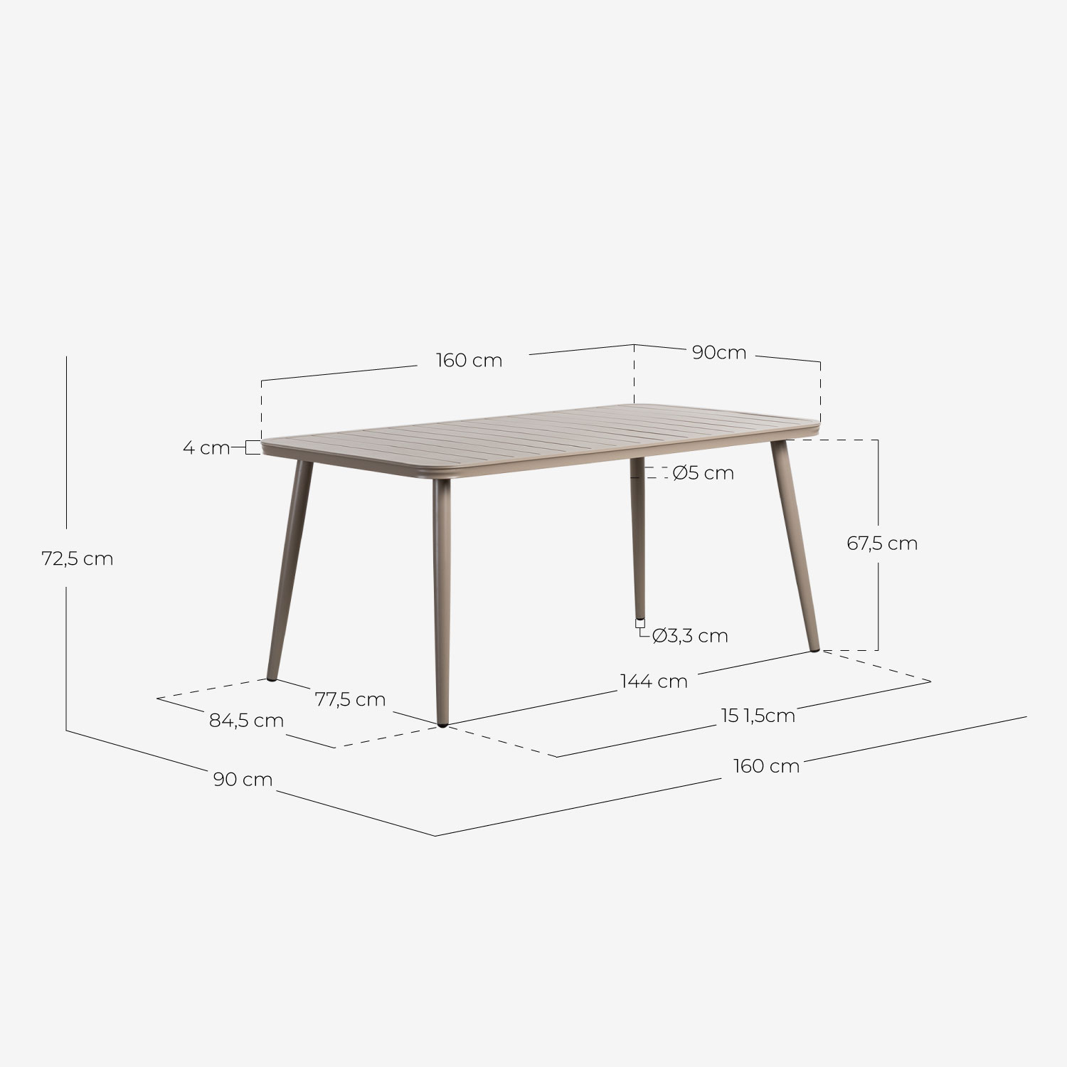 Set Tavolo Rettangolare in Alluminio (160x90 cm) Cancun e 6 Sedie da Esterno in Polipropilene Brand, Misure