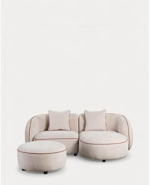 Divano Angolare Modulare in 2 Pezzi con Chaise Longue e Pouf Rotondo in Tessuto Ilham