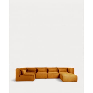 Divano Modulare a 5 Pezzi e Pouf in Velluto a Coste Kilhe Velluto -Giallo Curry - The Masie