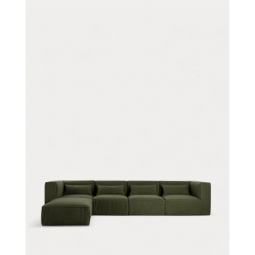 Divano Modulare 4 Pezzi con 2 Poltrone Angolari e Pouf in Tessuto Bouclé Kilhe Bouclé -Verde Nori - The Masie