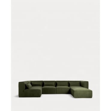 Divano Modulare 5 Pezzi e Pouf in Tessuto Bouclé Kilhe Bouclé -Verde Nori - The Masie
