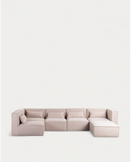 Divano Modulare 5 Pezzi e Pouf in Tessuto Kilhe - Tessuto -Beige Conchiglia
