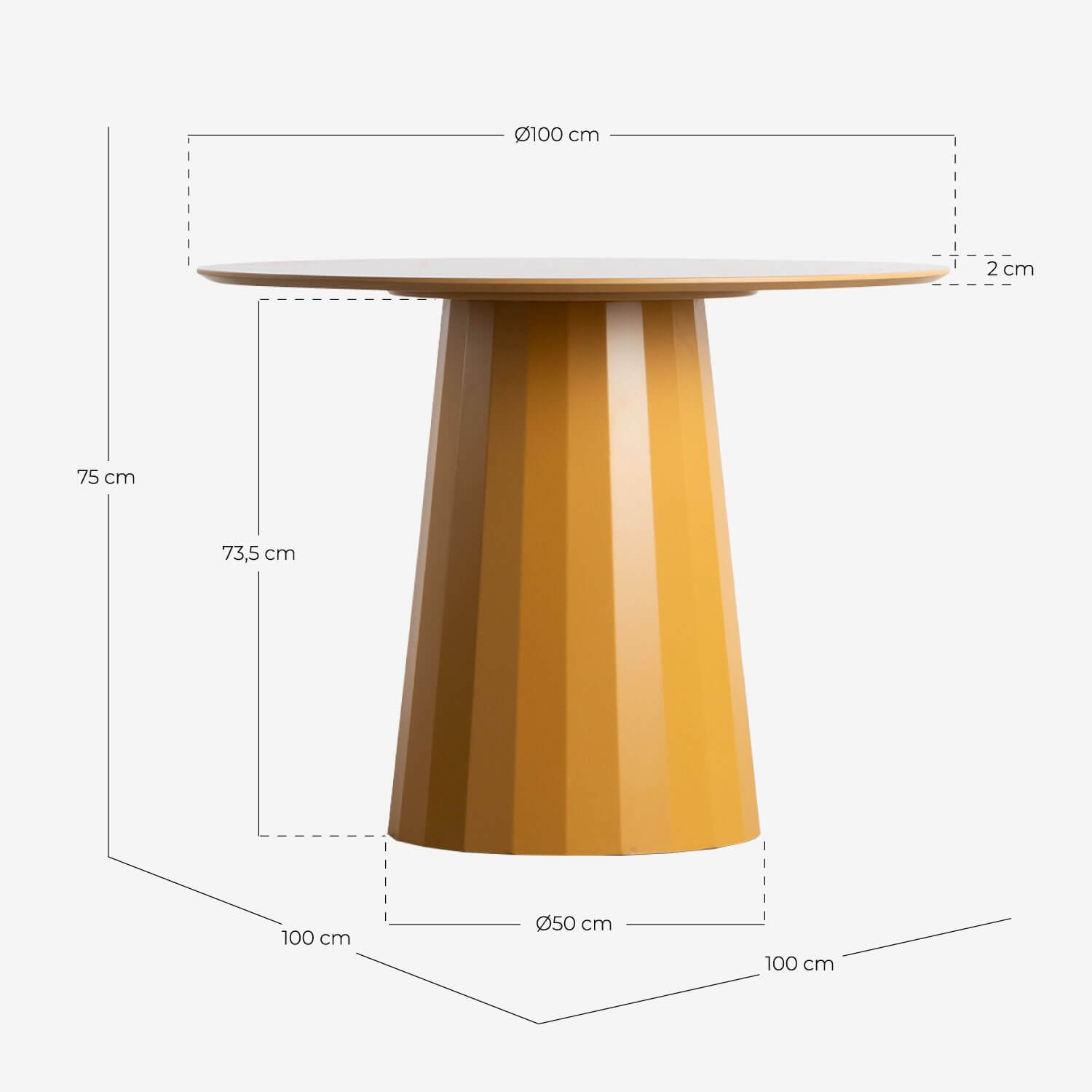 Set di Tavolo da Pranzo in Legno (Ø100 cm) Irem e 2 Sedie in Tessuto Bonse, Misure