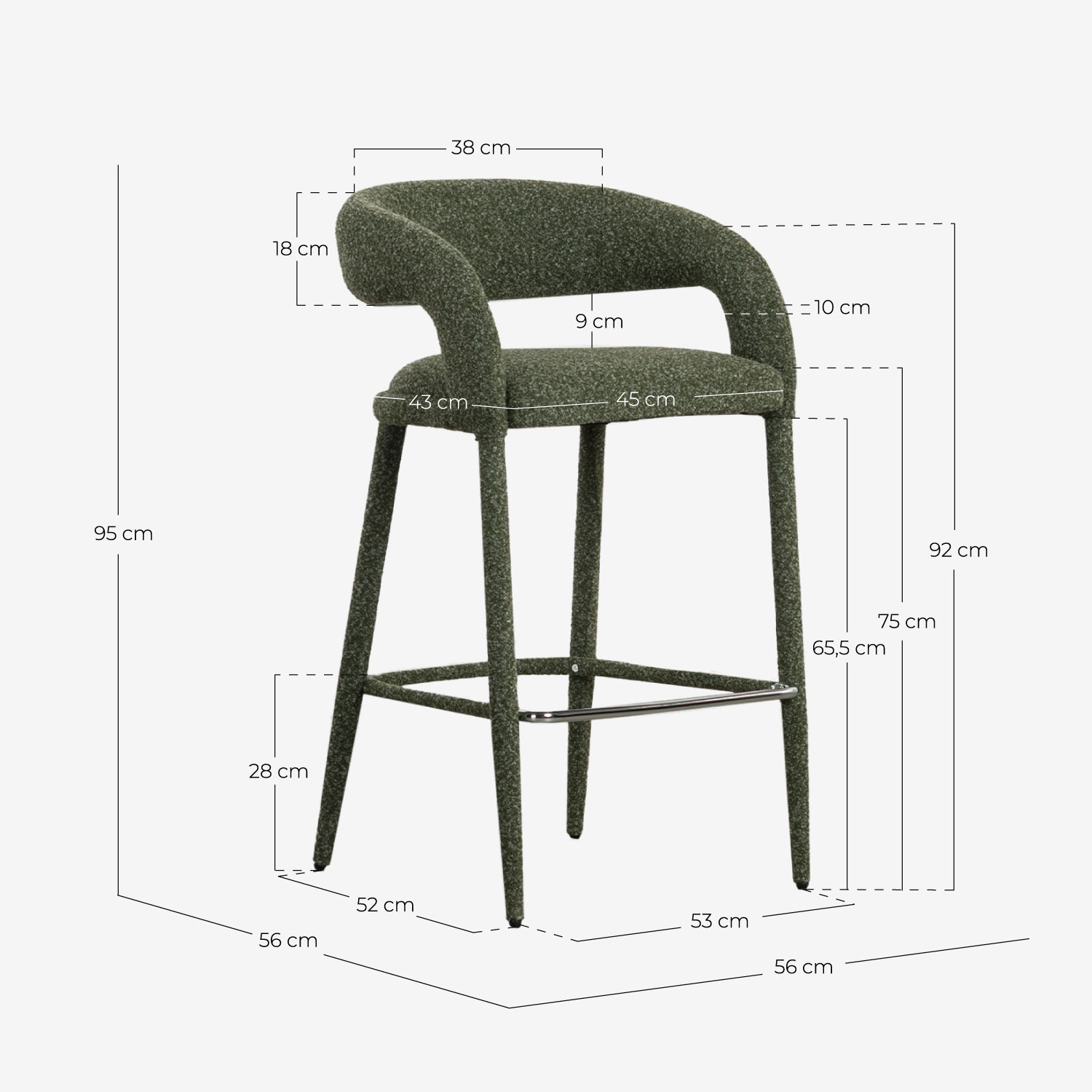 Pack 2 Sgabelli Alti in Tessuto e Metallo (75 cm) Ewen, Misure