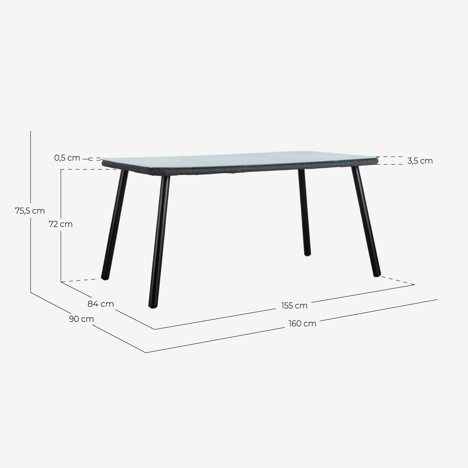 Tavolo da Esterno Rettangolare in Alluminio e Cristallo (160x90 cm) Drian, Misure
