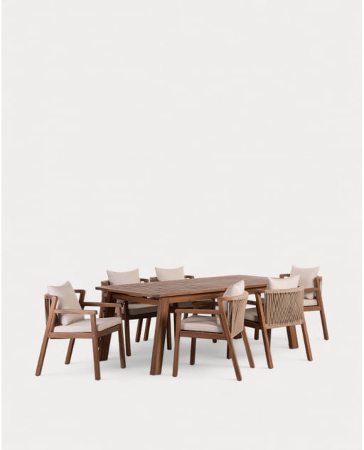 Tavolo Rettangolare da Esterno (200x95 cm) e 6 Sedie con Braccioli in Legno di Acacia Cael