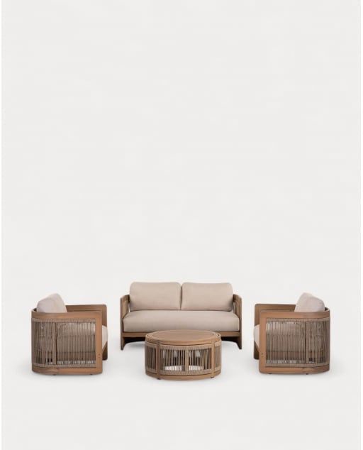 Set da Giardino con Divano a 2 Posti, 2 Poltrone e Tavolino in Legno di Acacia e Corda Mares