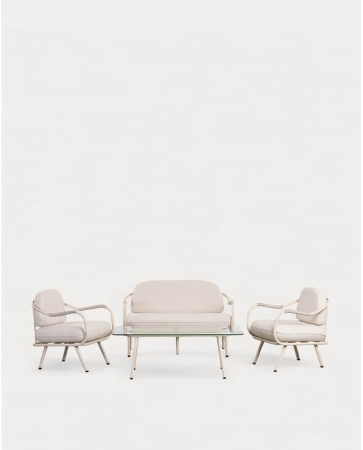 Set da Giardino con Divano a 2 Posti, 1 Poltrona e Tavolino da Caffè in Vetro Temperato e Metallo Xoan