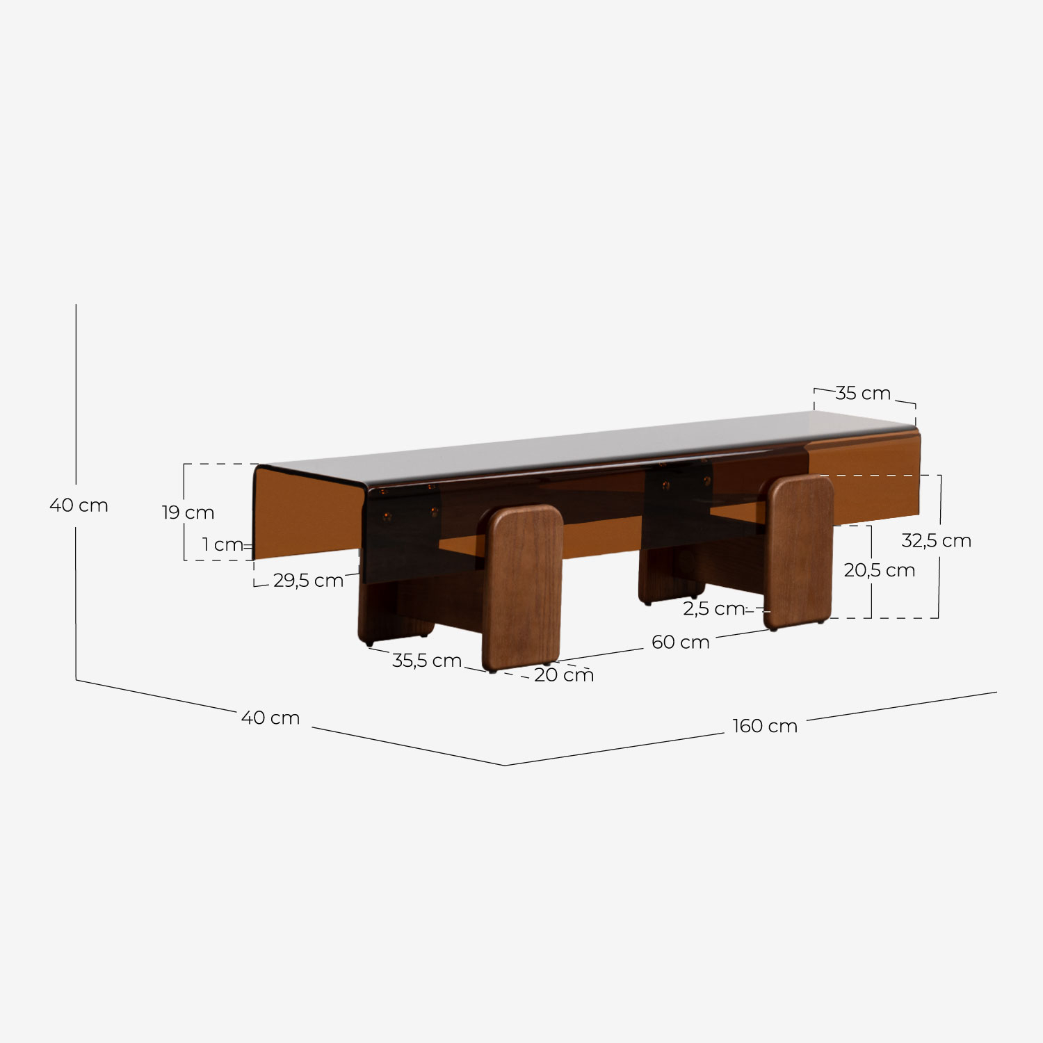 Mobile TV 160x40 cm in Vetro Curvato e Legno Clery, Misure