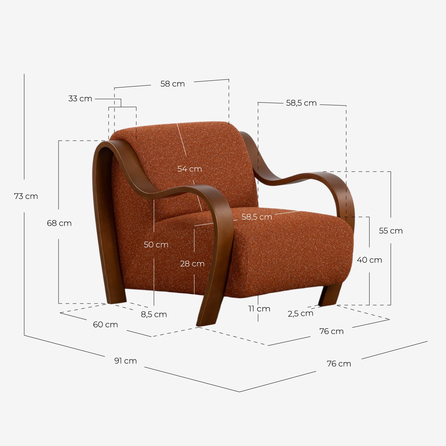 Pack 2 Poltrone in Legno e Tessuto Curved, Misure